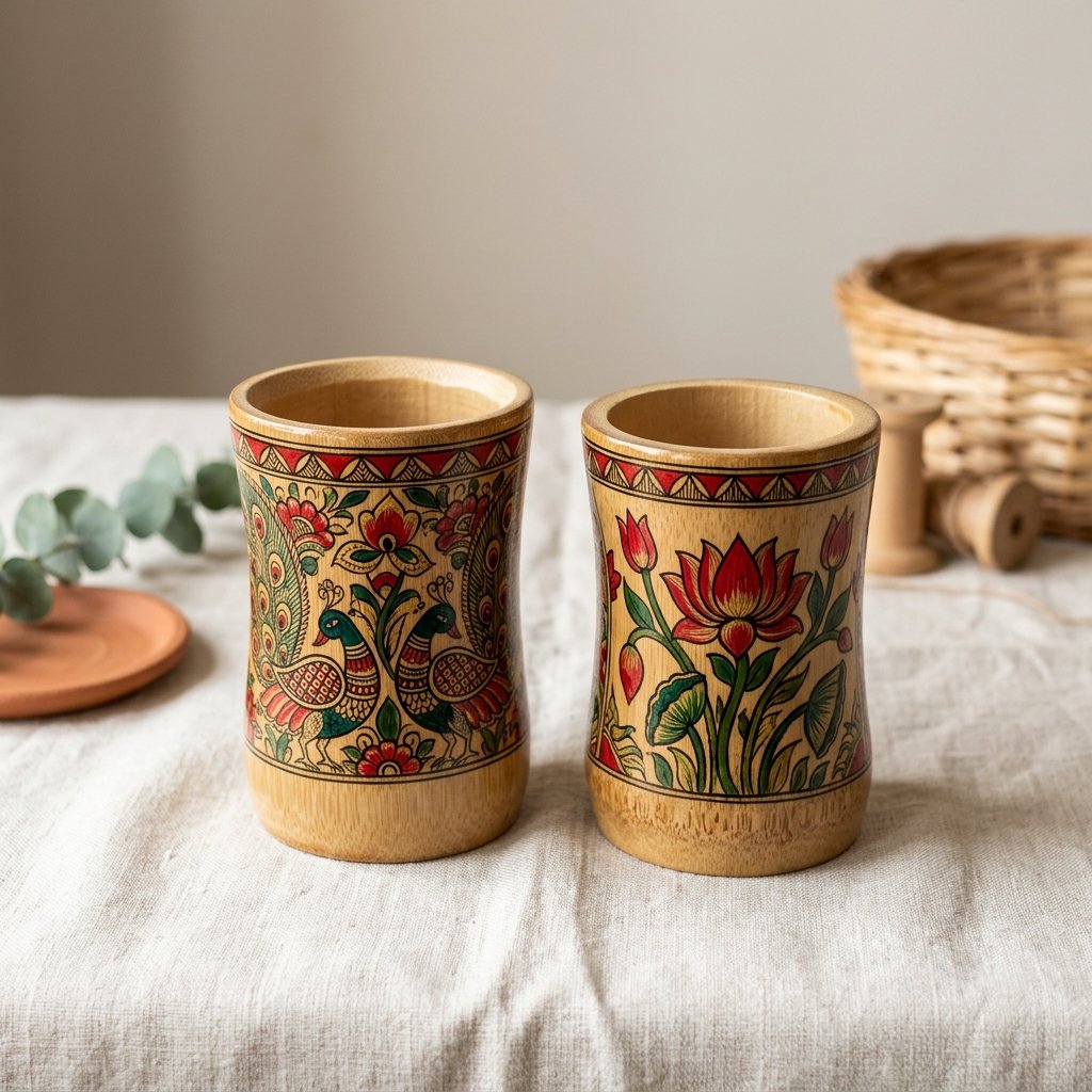 Mithila Hand-Painted Bamboo Cups & Glasses Set